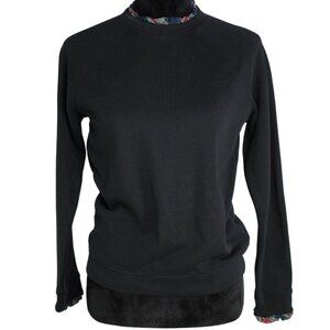 J Crew Women's Plaid Ruffle Trim Black Crew Neck French Terry Sweatshirt